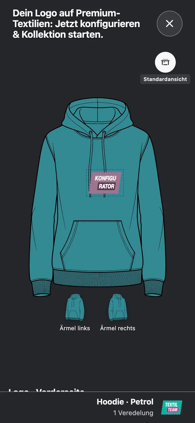 Textil-Konfigurator in der Glastischwelt: Hoodie als Bühne, Milchglas-Einstellungen darüber