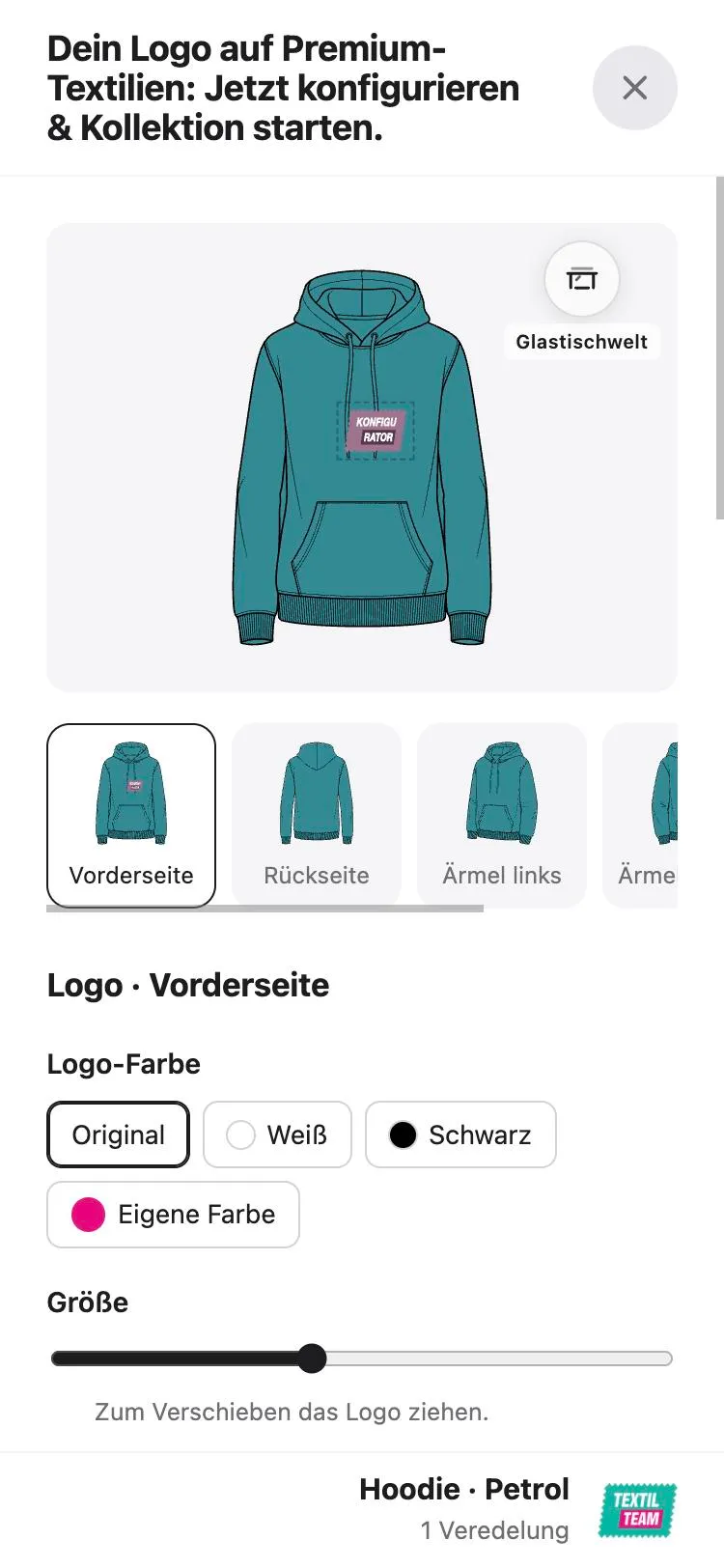 Textil-Konfigurator in der klassischen Ansicht: Hoodie oben, Einstellungen darunter