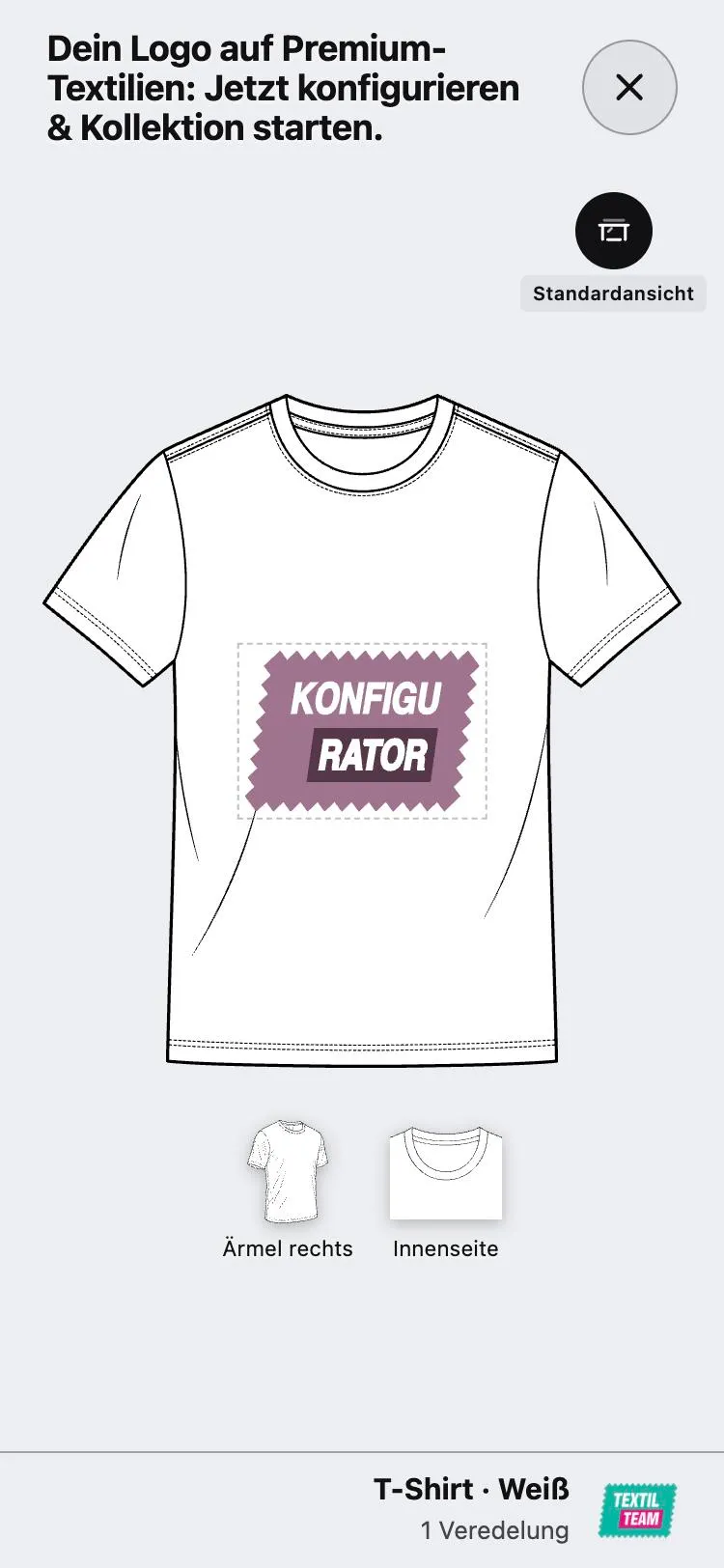 T-Shirt mit Logo gestalten: Ansichtsleiste mit Vorderseite, Rückseite und Ärmel