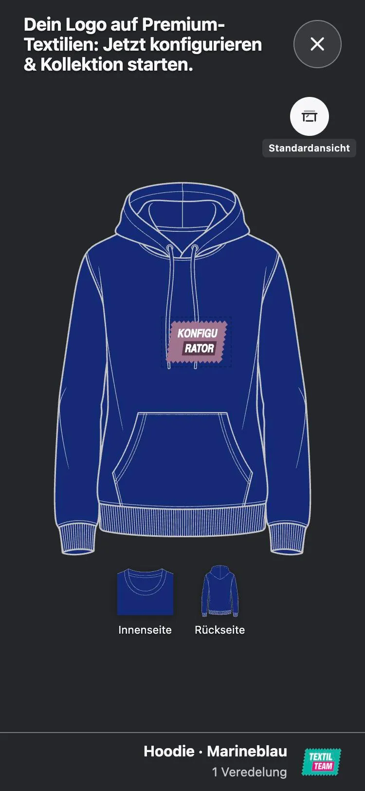 Teamkleidung mit Logo konfigurieren: dunkles Textil mit hellem Milchglas